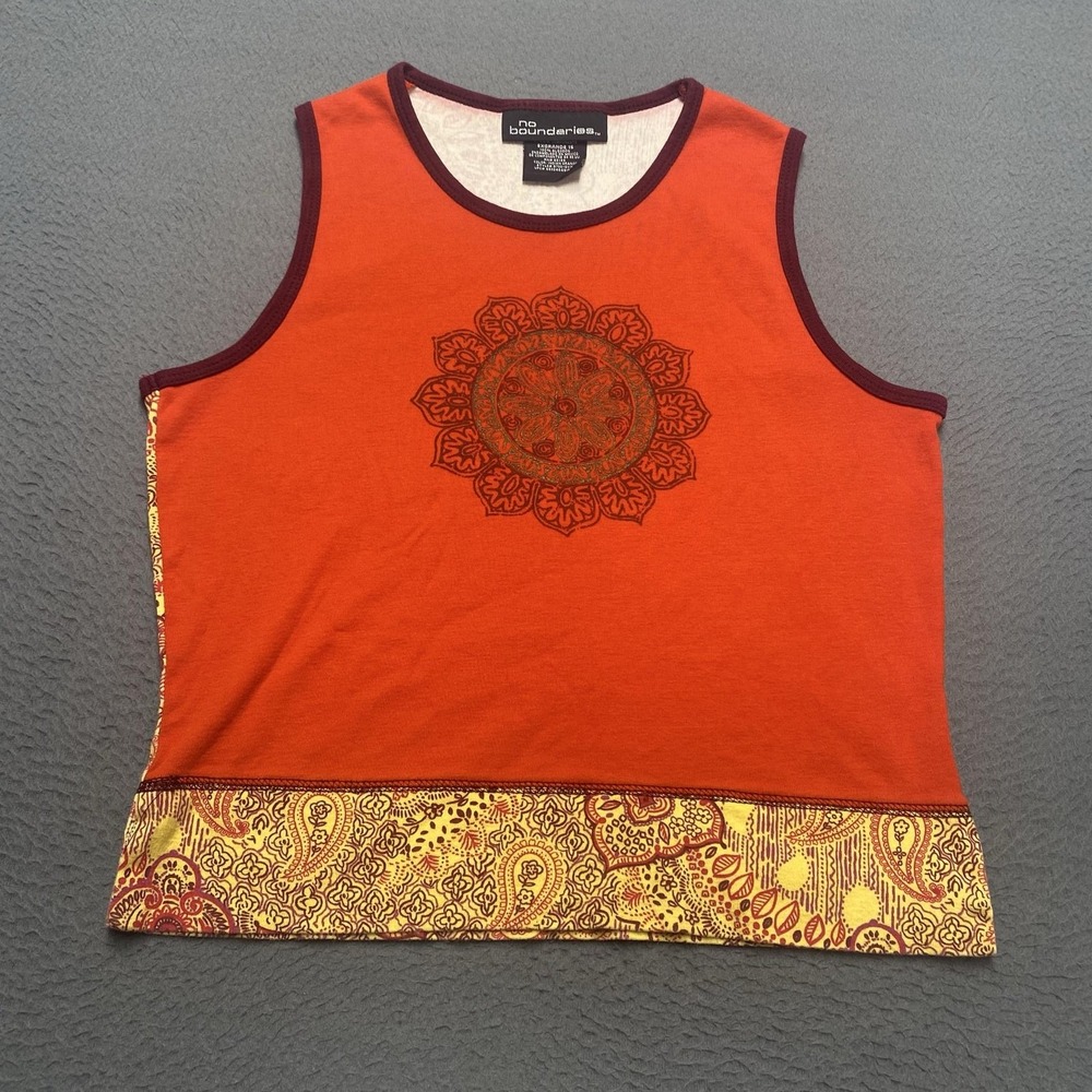 No Boundaries Tank Top Juniors XL Orange Paisley Mandala Boho Festival Print